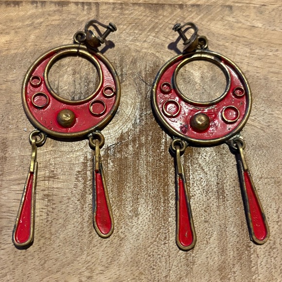 From Mexico, early 1950’s, Vintage Red & Gold Dangle Earrings - Picture 9 of 13
